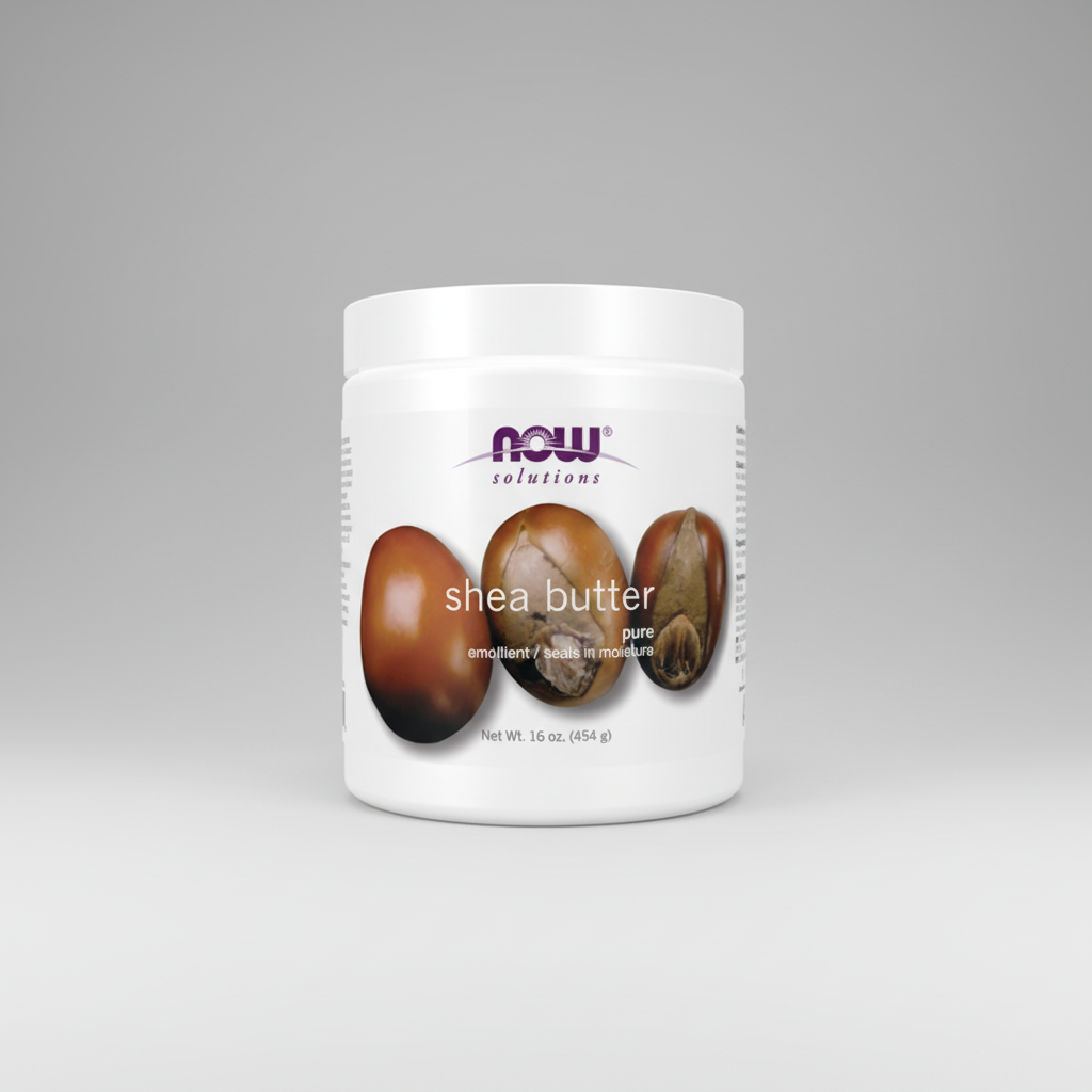 Jar of NOW Solutions shea butter on a white background