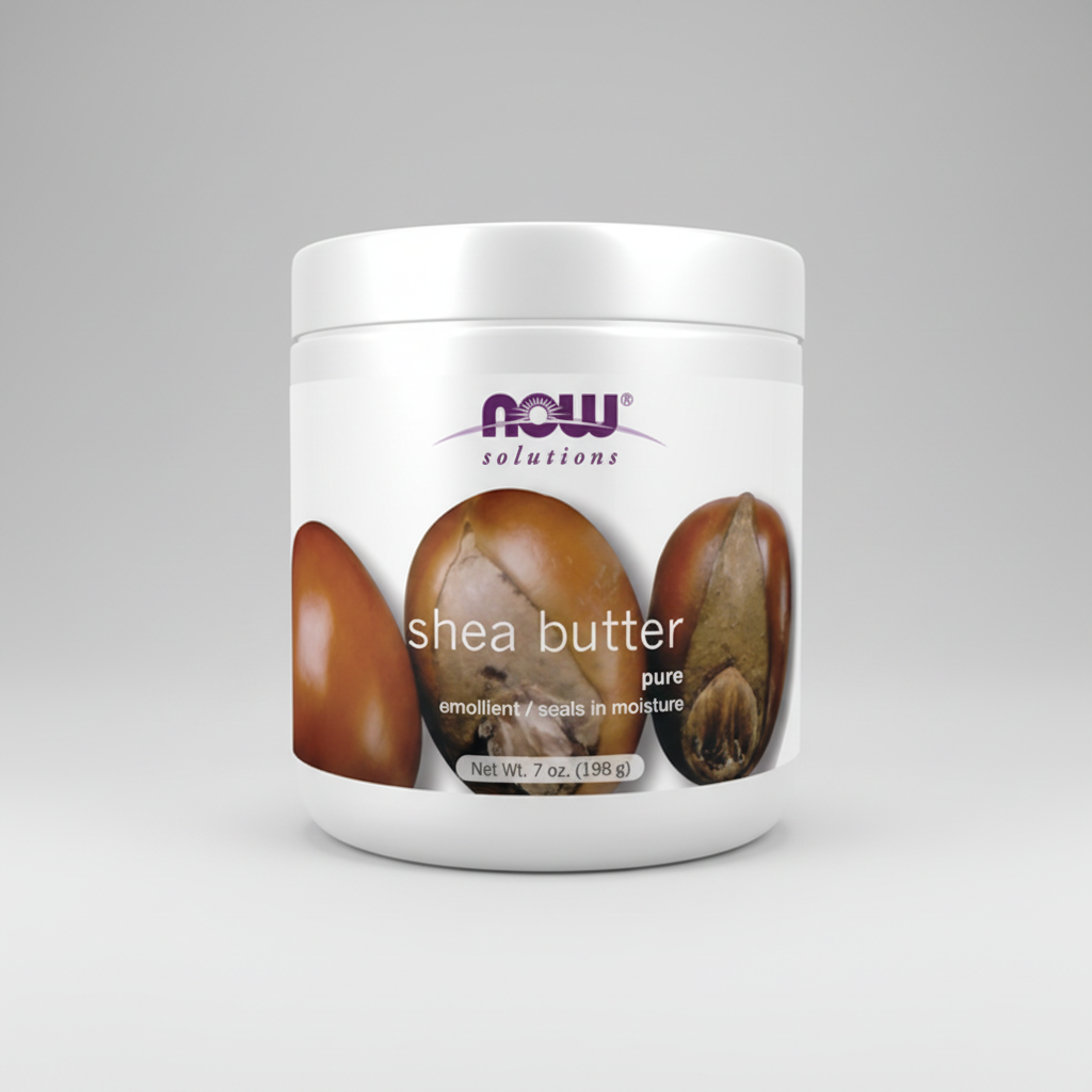 Jar of NOW Solutions shea butter on a white background