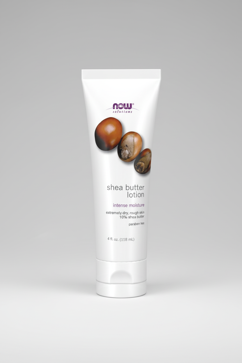 Shea butter lotion tube with NOW Foods branding on a white background