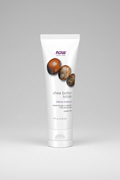Shea butter lotion tube with NOW Foods branding on a white background