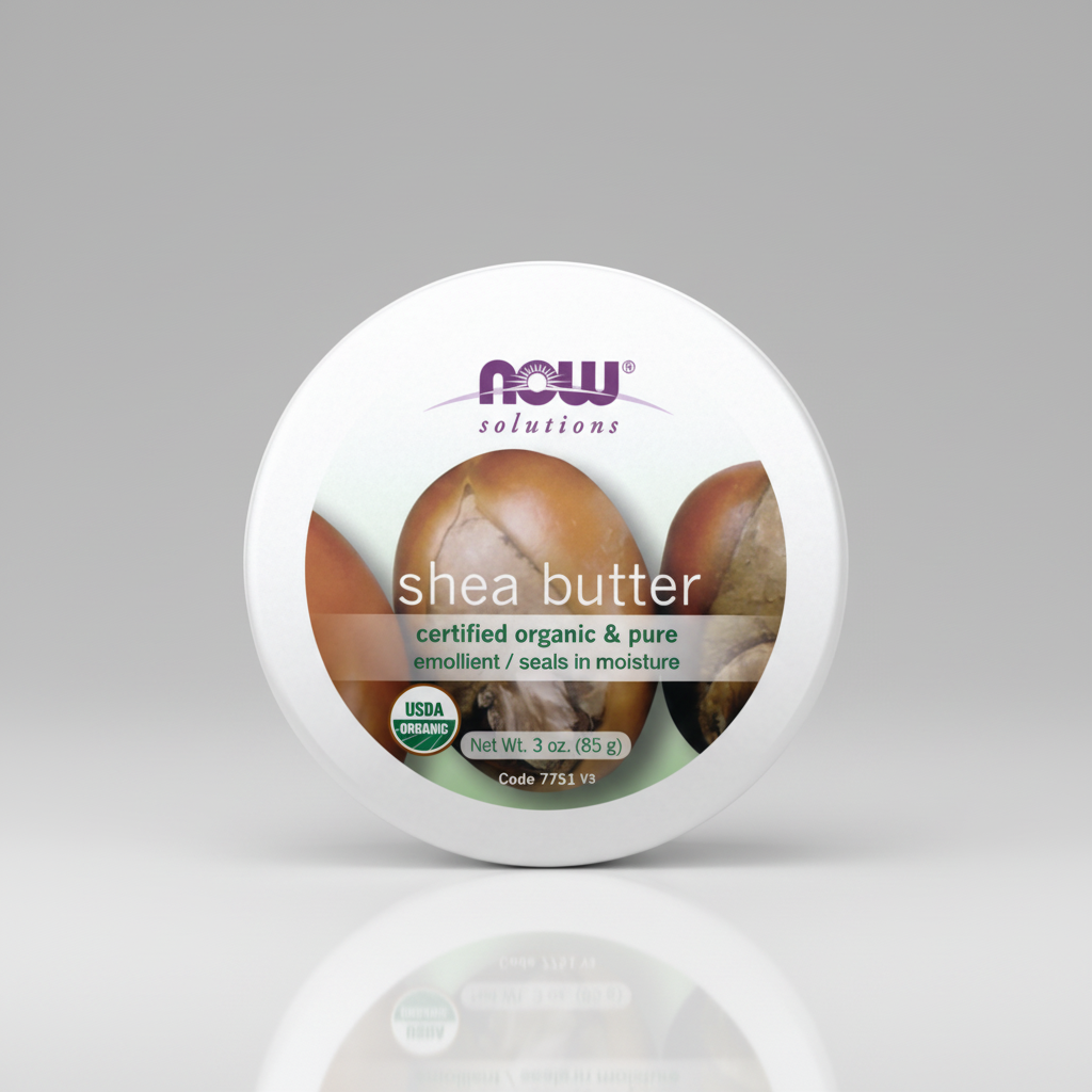 Jar of NOW Solutions shea butter with a white background
