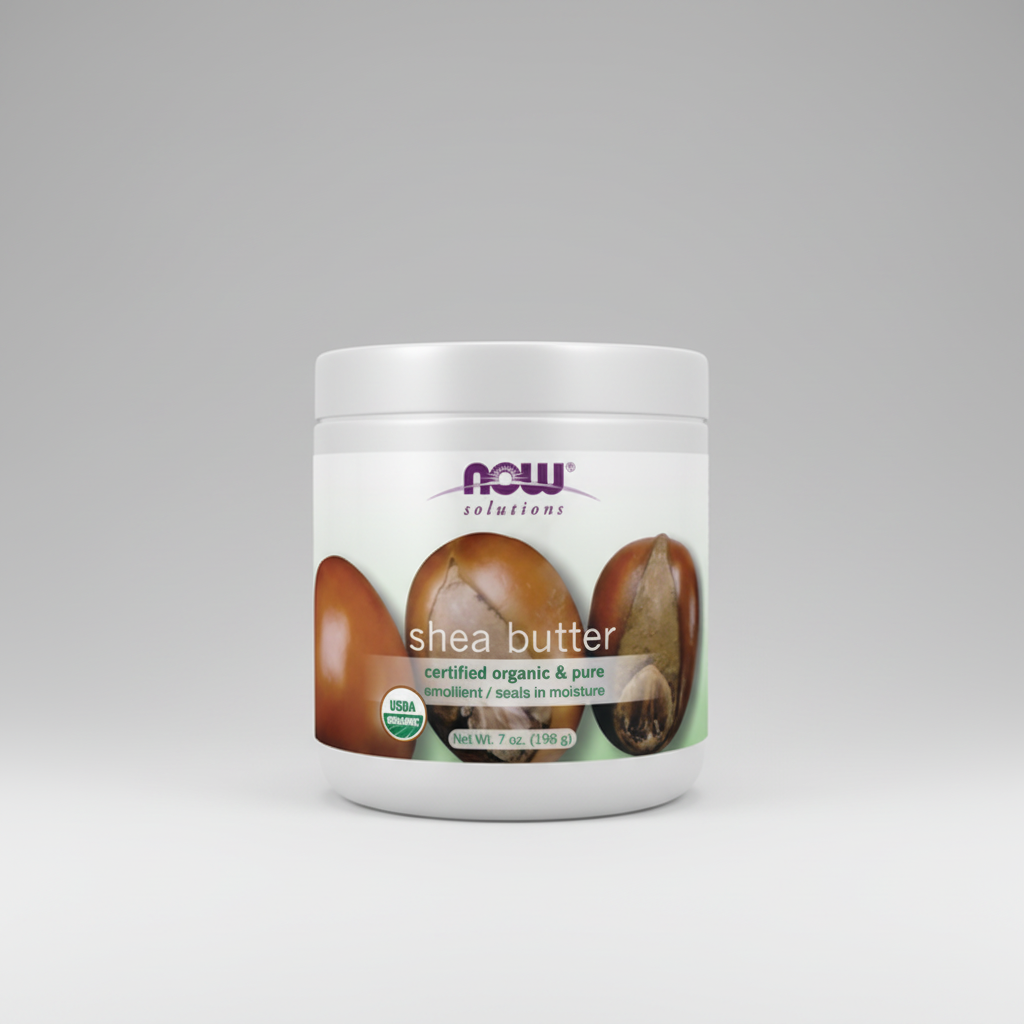 Jar of NOW Solutions shea butter on a white background