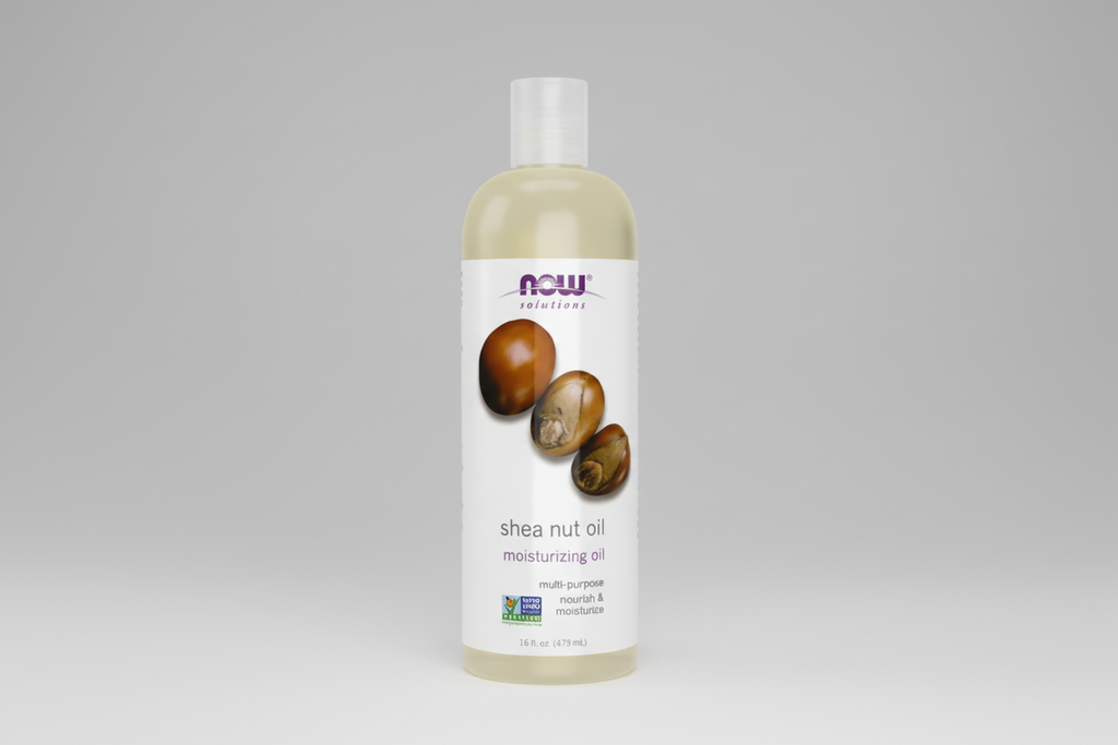 Shea nut oil moisturizing oil bottle with NOW Solutions label on a white background