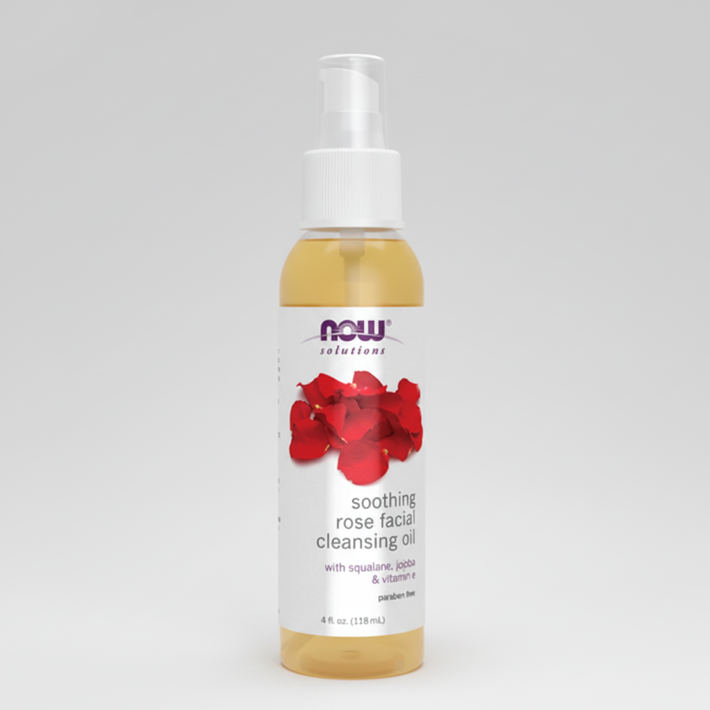 Bottle of NOW Solutions soothing rose facial cleansing oil on a white background