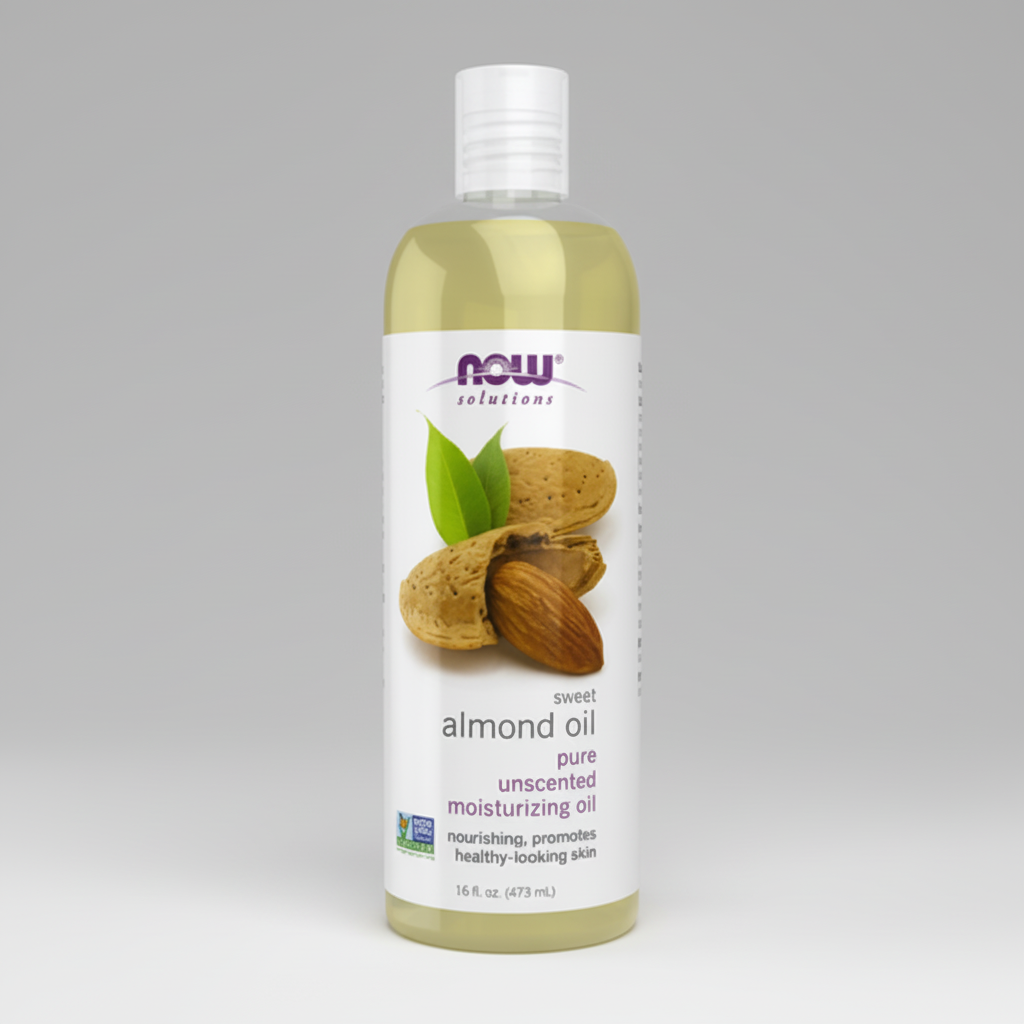 Bottle of NOW Solutions sweet almond oil on a white background