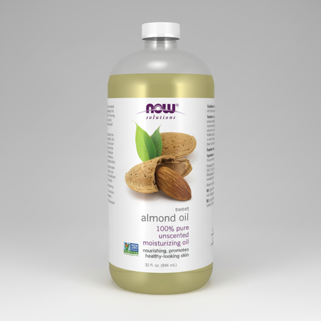Bottle of NOW Solutions sweet almond oil on a white background