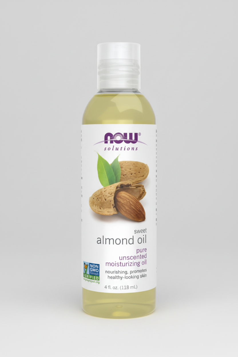 Bottle of NOW Solutions sweet almond oil on a white background