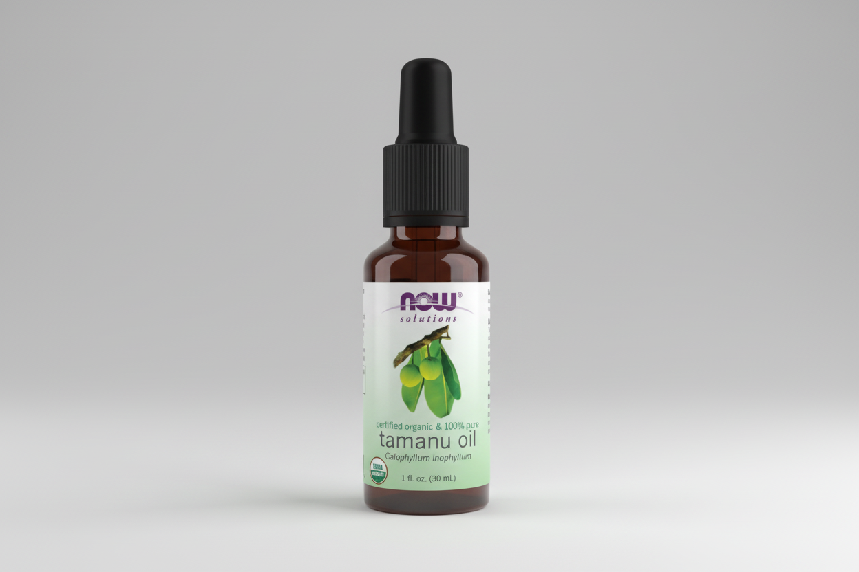 Bottle of NOW Solutions tamanu oil on a white background