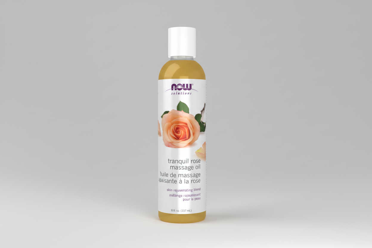 Bottle of NOW Solutions Tranquil Rose Massage Oil on a white background