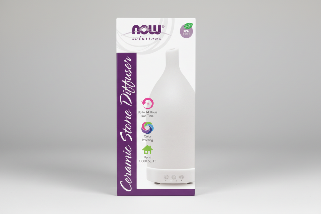 Ceramic diffuser packaging with Now Solutions branding on a white background