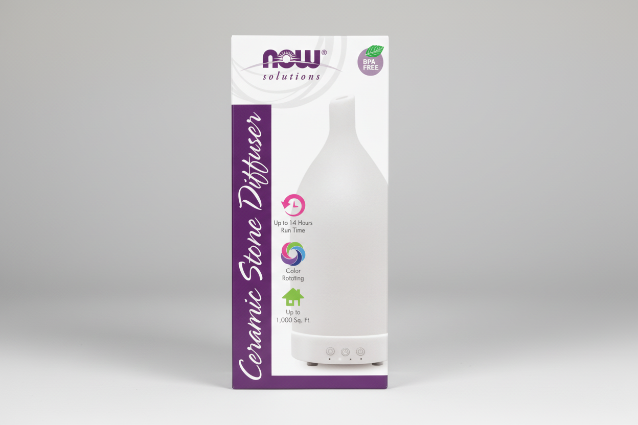 Ceramic diffuser packaging with Now Solutions branding on a white background