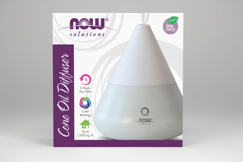 White cone oil diffuser with NOW Solutions branding on a white background