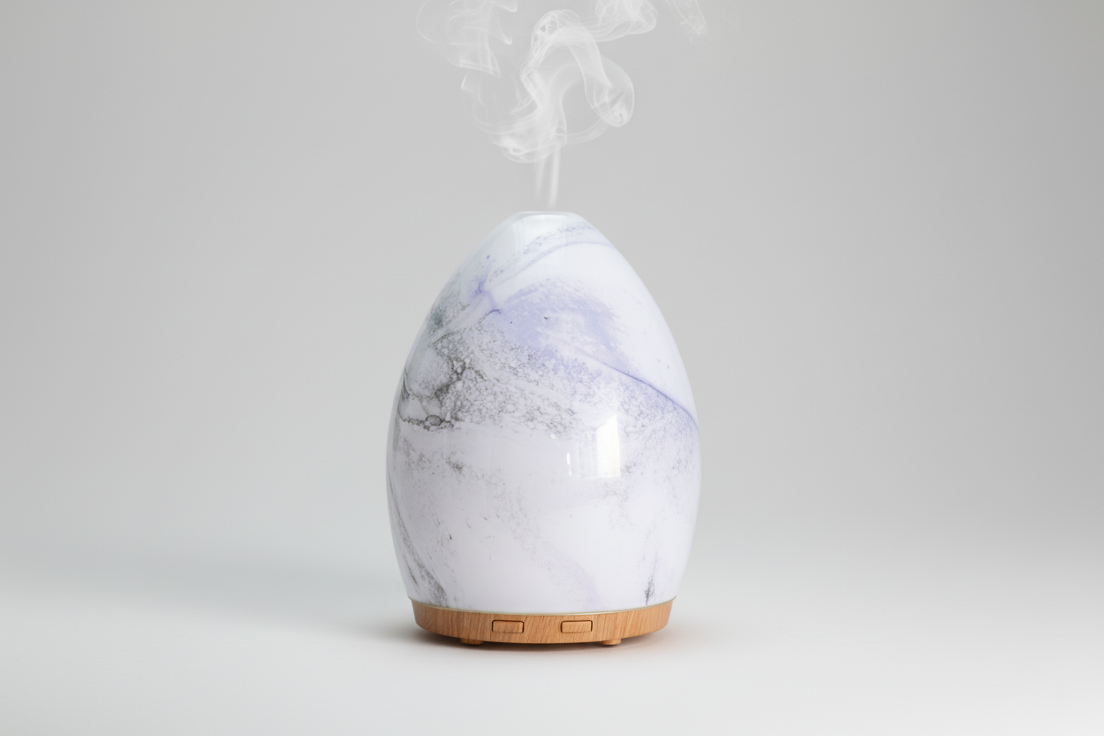 Package of a glass essential oil diffuser with Now Solutions branding.