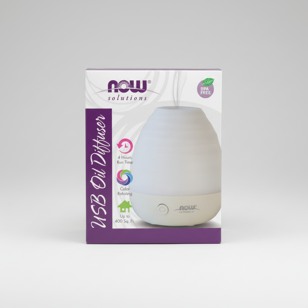 NOW Solutions USB Oil Diffuser packaging with product image and features on a white background