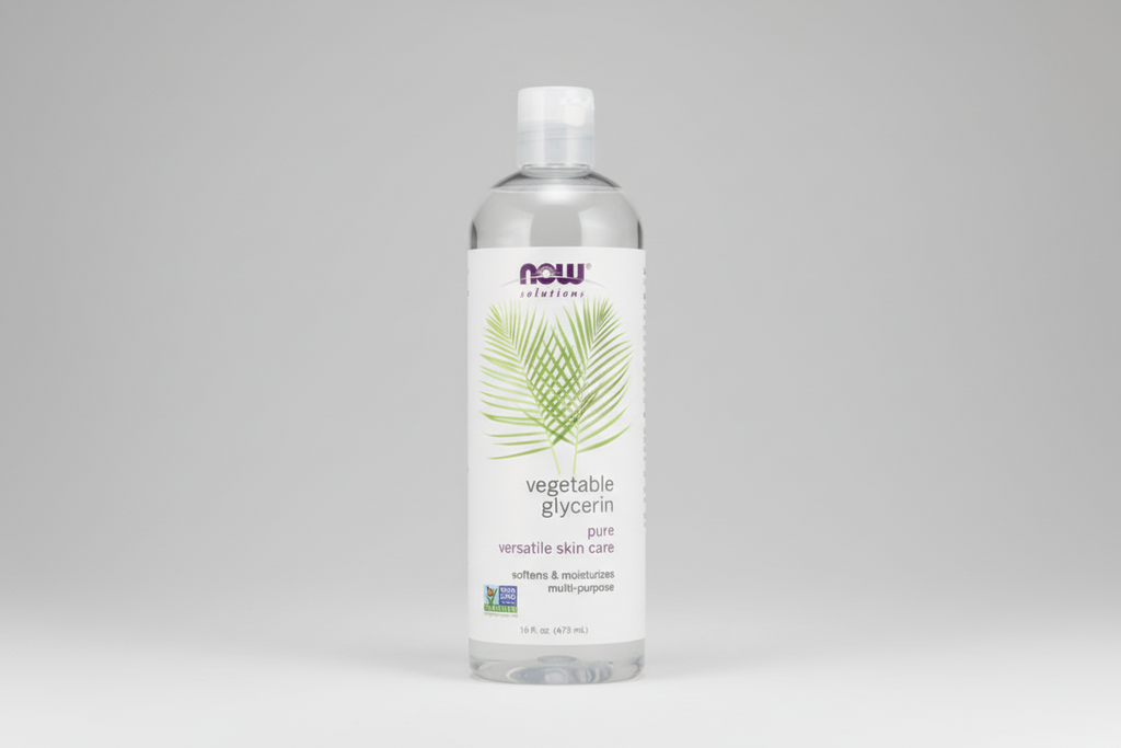 Bottle of Now Solutions Vegetable Glycerin on a white background