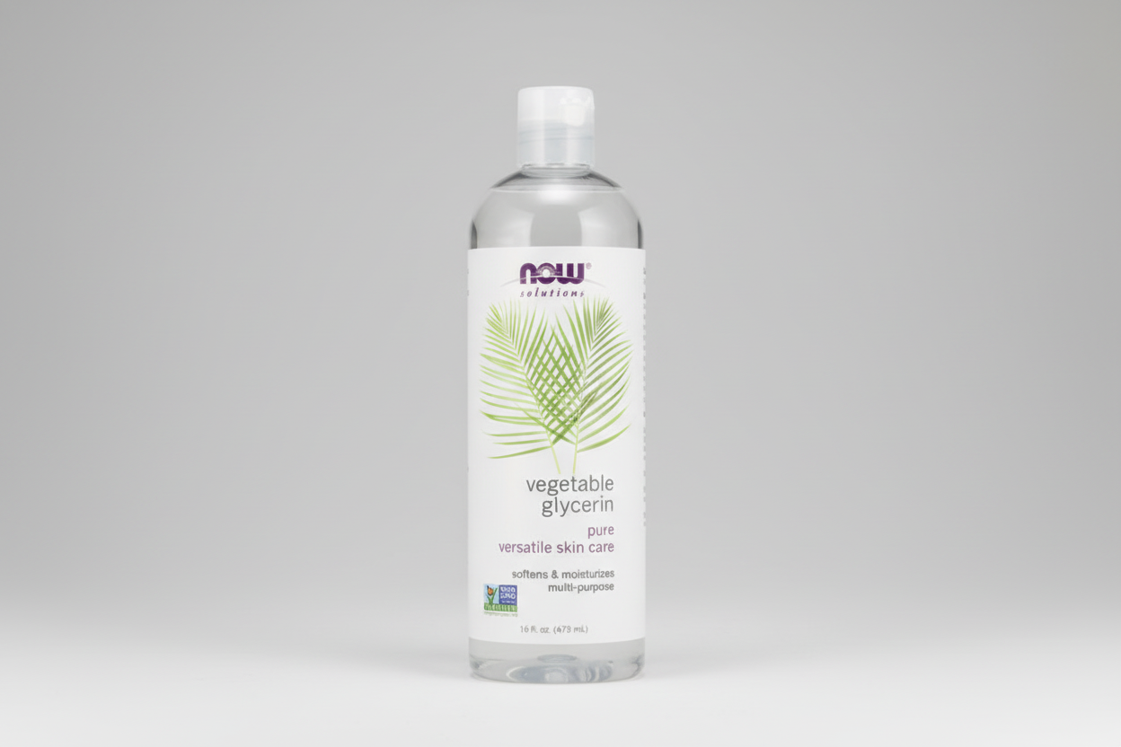 Bottle of Now Solutions Vegetable Glycerin on a white background