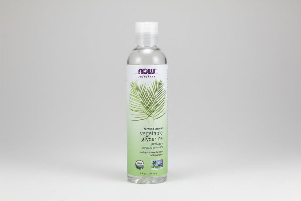Bottle of NOW Solutions vegetable glycerine on a white background