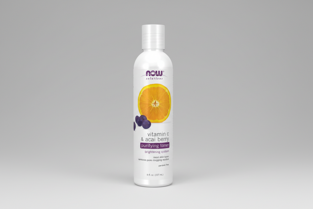Bottle of NOW Solutions vitamin C & acai berry purifying toner on a white background