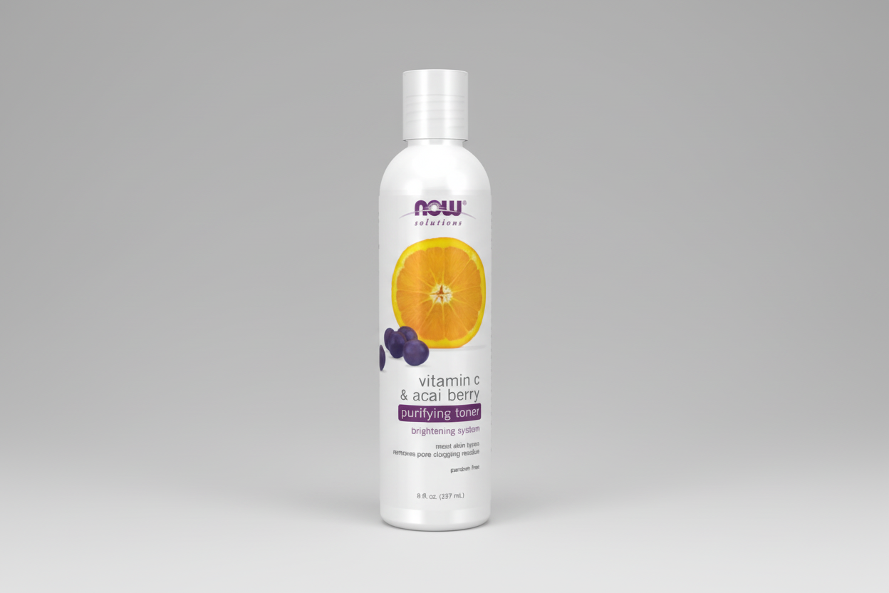 Bottle of NOW Solutions vitamin C & acai berry purifying toner on a white background