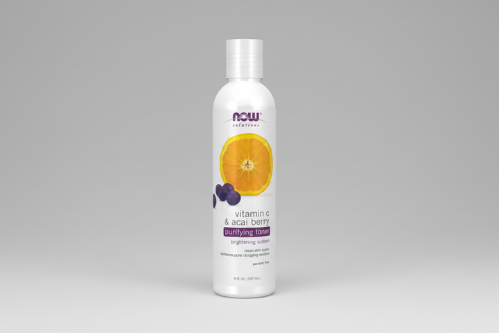 Bottle of NOW Solutions vitamin C & acai berry purifying toner on a white background