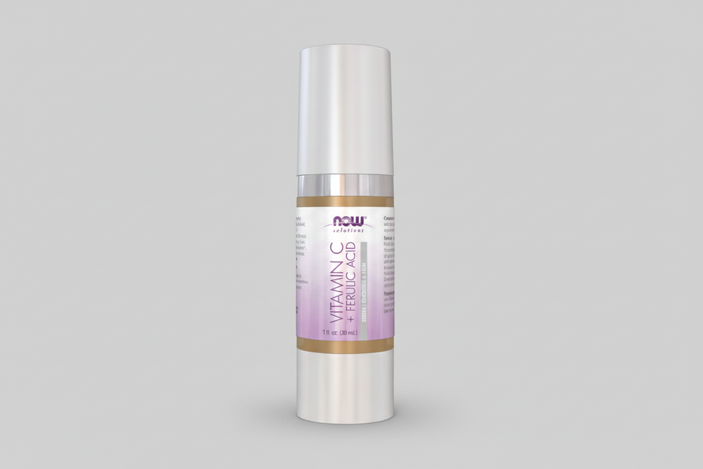 Skincare serum bottle with white cap and purple label on a white background