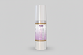 Skincare serum bottle with white cap and purple label on a white background