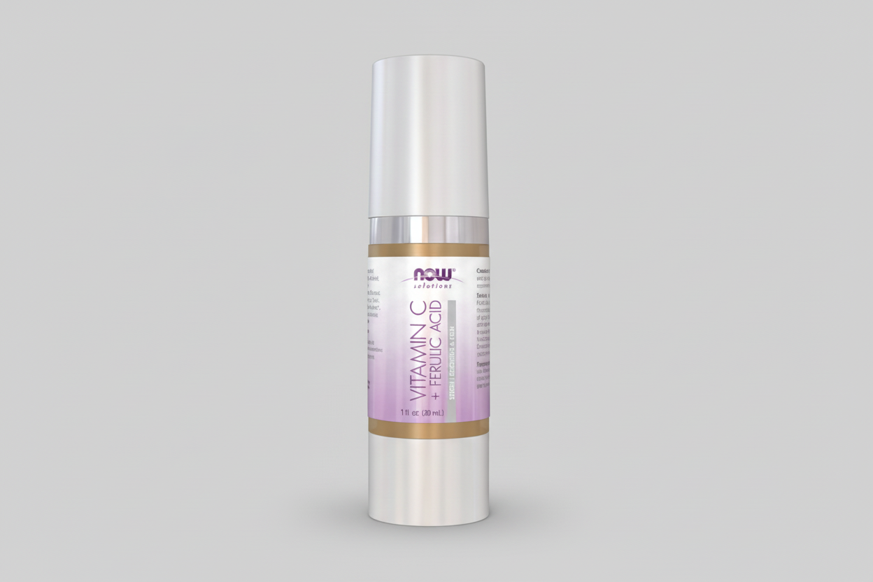 Skincare serum bottle with white cap and purple label on a white background