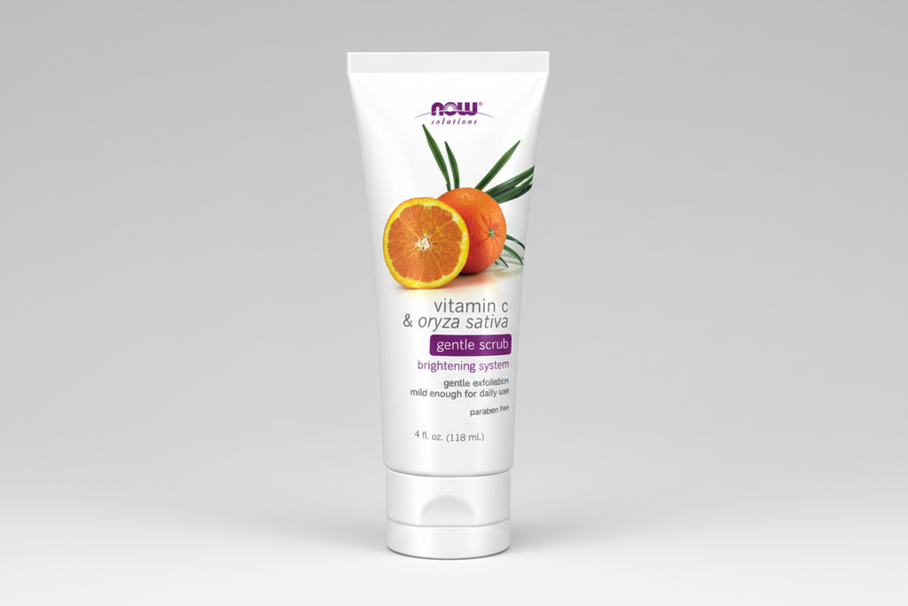 Tube of NOW Solutions vitamin C & oryza sativa gentle scrub on a white background