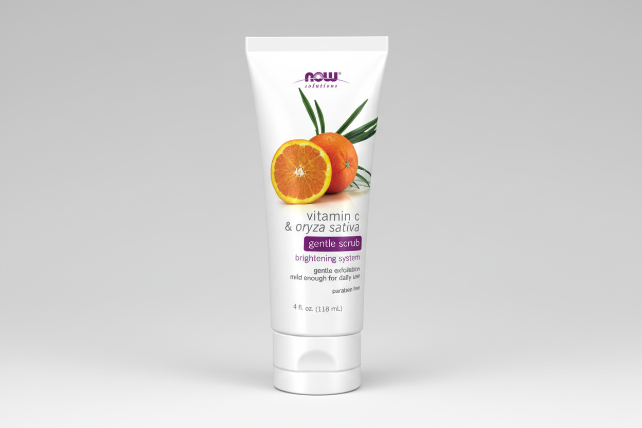 Tube of NOW Solutions vitamin C & oryza sativa gentle scrub on a white background