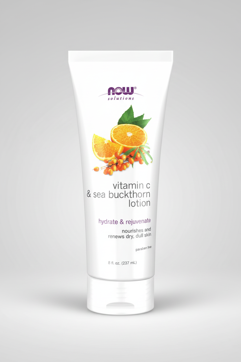 Lotion tube with NOW Foods branding and vitamin C & sea buckthorn ingredients on a white background