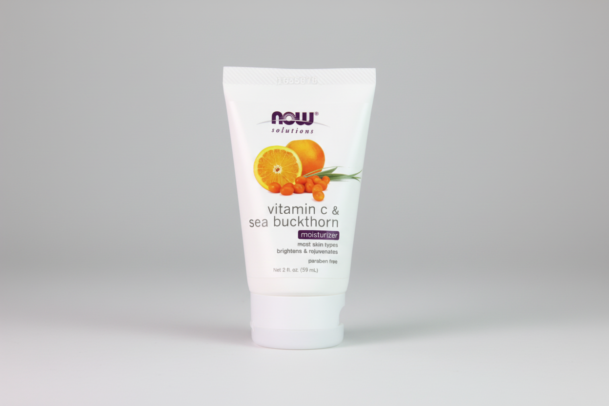 Tube of NOW Solutions vitamin C & sea buckthorn moisturizer on a white background