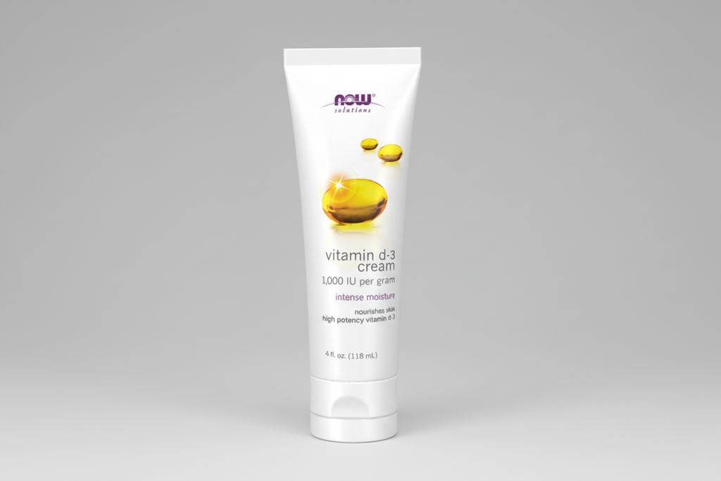 Tube of Now Solutions Vitamin D-3 Cream on a white background