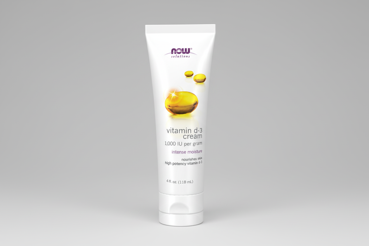 Tube of Now Solutions Vitamin D-3 Cream on a white background