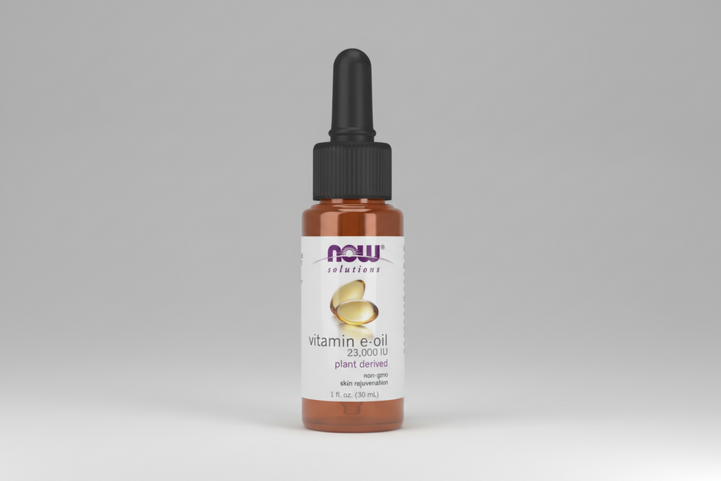 Bottle of NOW Vitamin E Oil on a white background
