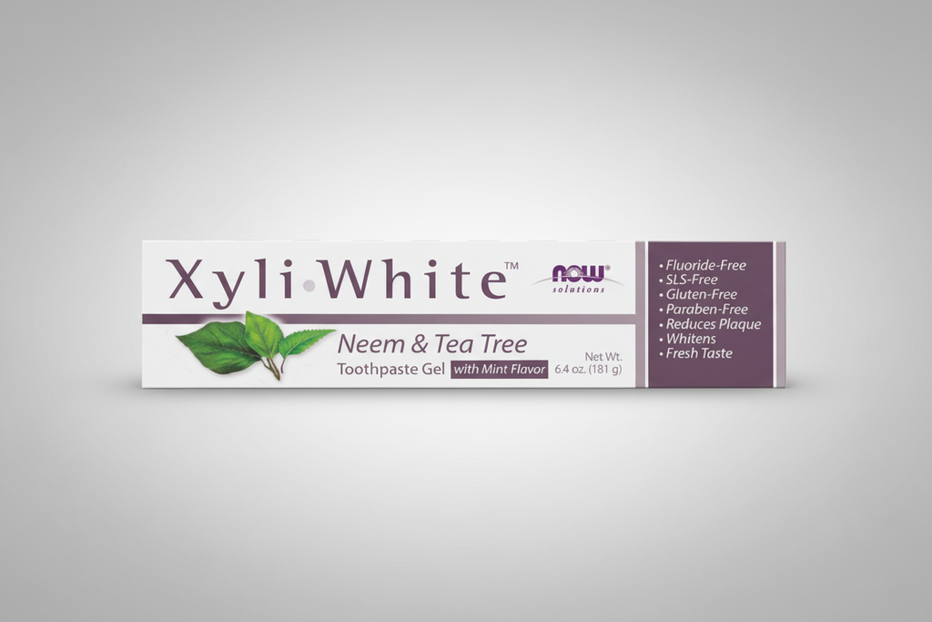 XyliWhite Neem & Tea Tree Toothpaste Gel packaging on a white background
