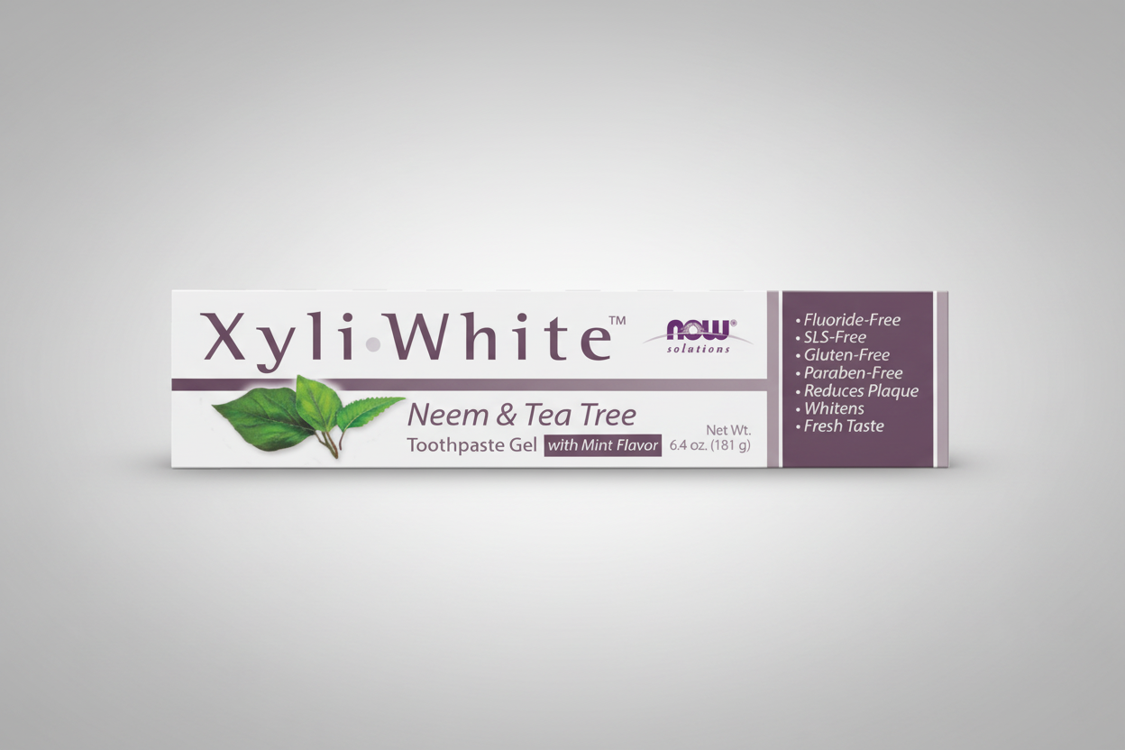 XyliWhite Neem & Tea Tree Toothpaste Gel packaging on a white background