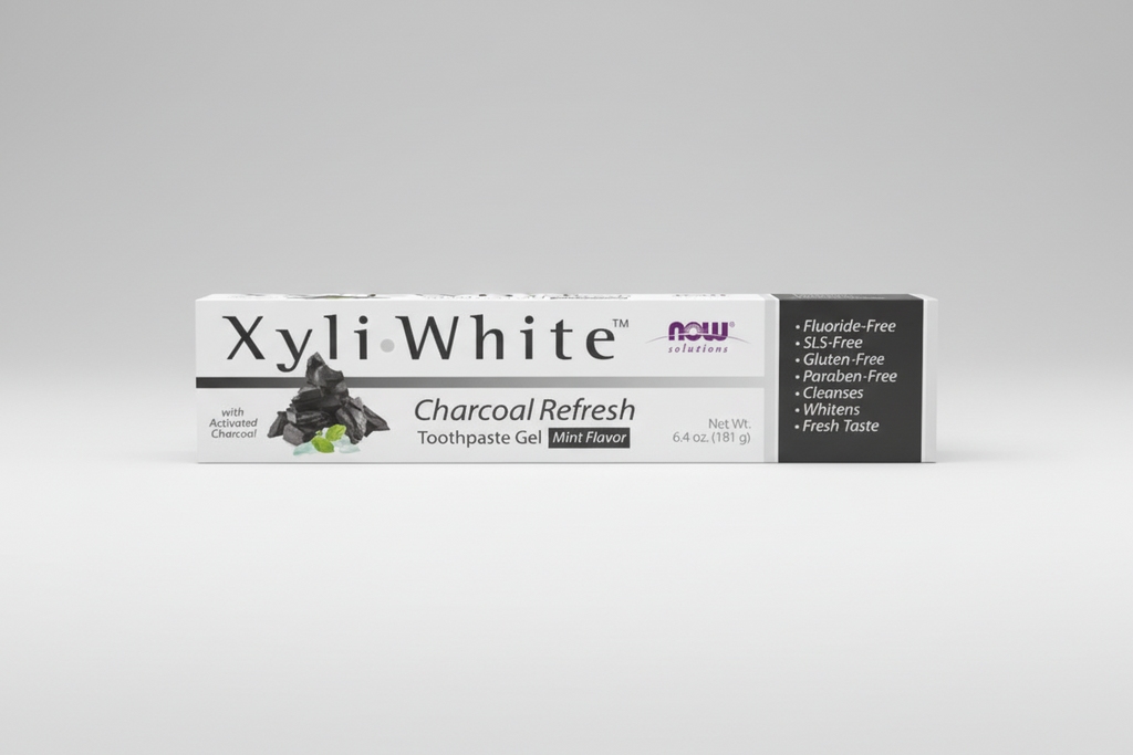 XyliWhite Charcoal Refresh Toothpaste Gel packaging on a white background