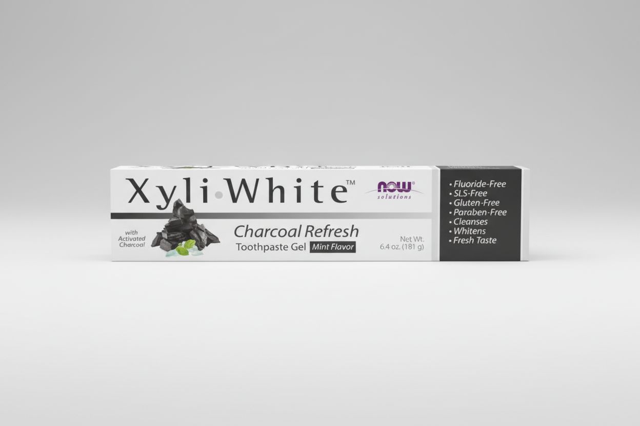 XyliWhite Charcoal Refresh Toothpaste Gel packaging on a white background