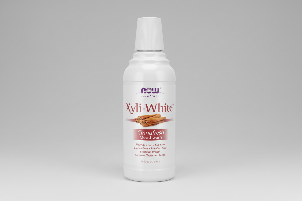 Xyli White Cinnafresh mouthwash bottle on a white background