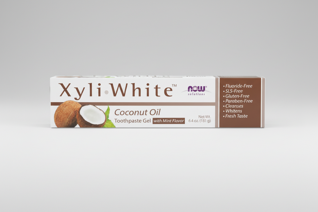XyliWhite Coconut Oil Toothpaste Gel packaging on a white background
