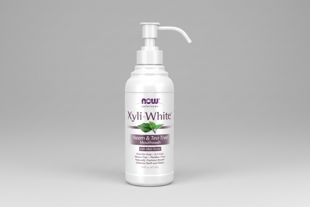 Xyli White mouthwash bottle with Now Solutions logo on a white background