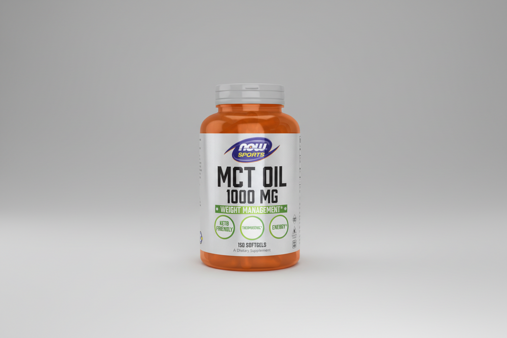 Supplement bottle labeled 'MCT Oil 1000 MG' by NOW Sports on a white background