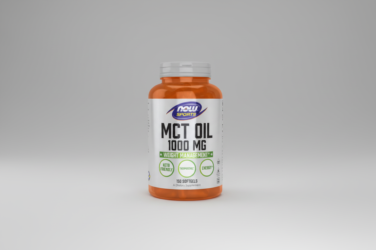 Supplement bottle labeled 'MCT Oil 1000 MG' by NOW Sports on a white background