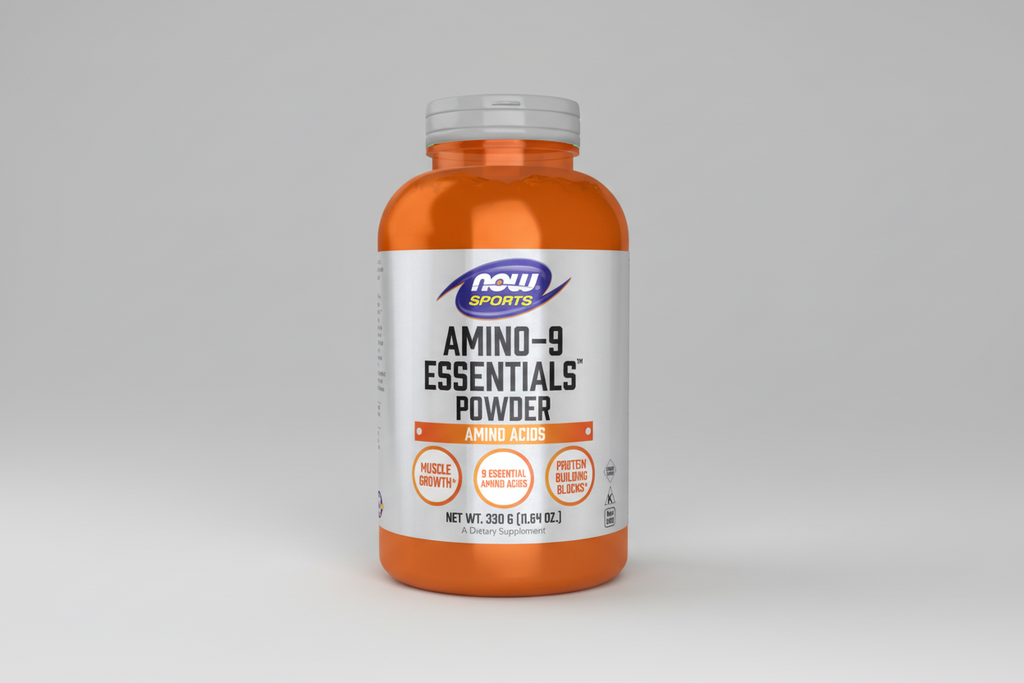 Supplement bottle labeled 'Amino-9 Essentials Powder' by NOW Sports on a white background