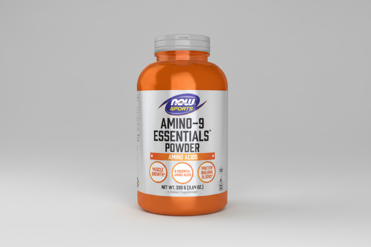 Supplement bottle labeled 'Amino-9 Essentials Powder' by NOW Sports on a white background