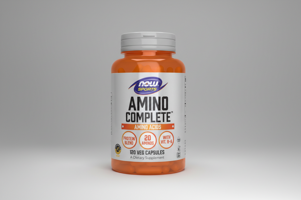 Supplement bottle labeled 'Amino Complete' by NOW Sports on a white background