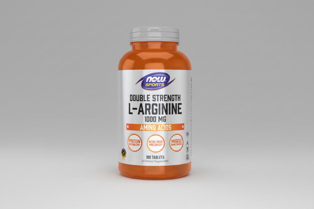 Supplement bottle labeled 'Double Strength L-Arginine 1000 MG' by NOW Sports on a white background.