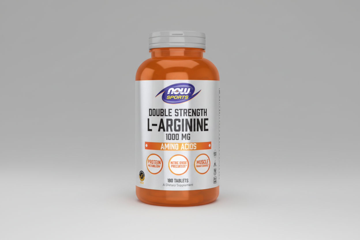 Supplement bottle labeled 'Double Strength L-Arginine 1000 MG' by NOW Sports on a white background.