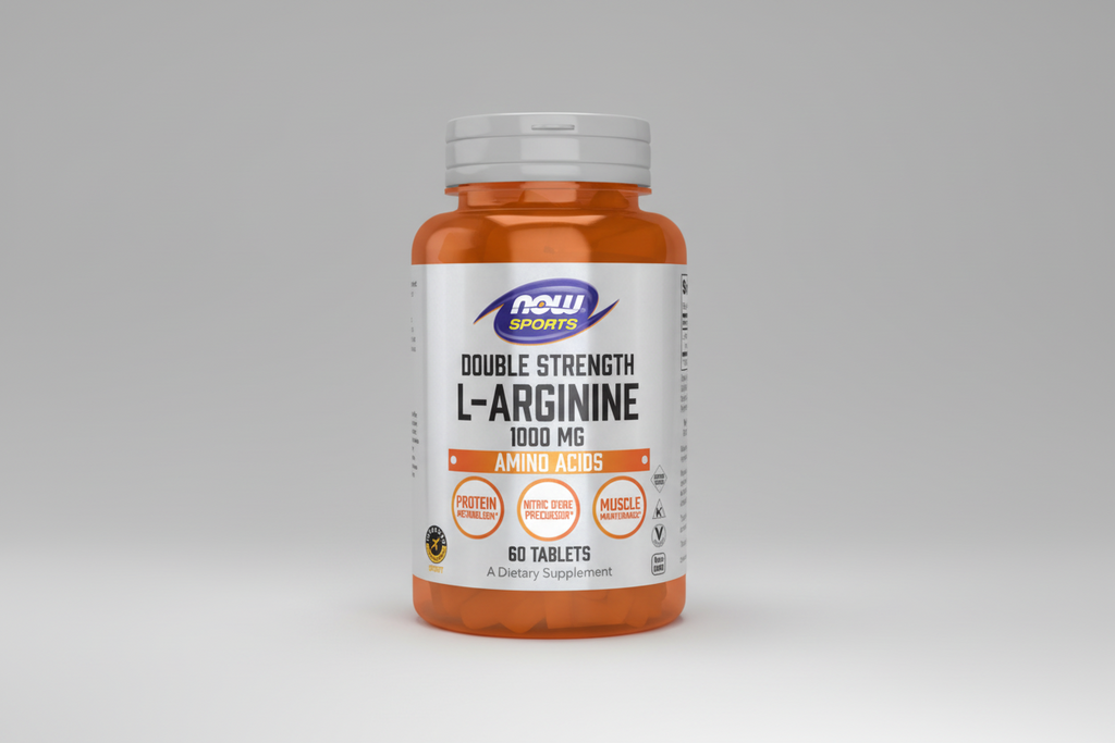 Supplement bottle labeled 'Double Strength L-Arginine 1000 mg' by NOW Sports on a white background.