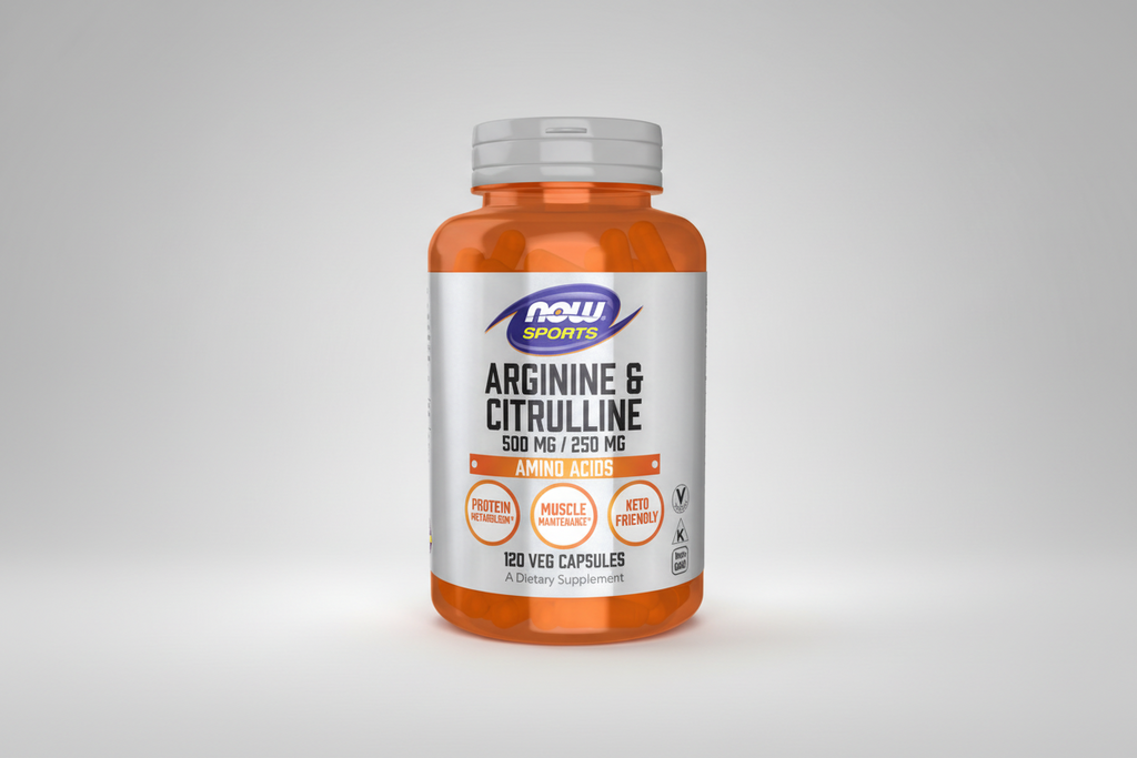 Supplement bottle labeled 'Arginine & Citrulline' by NOW Sports on a white background